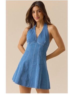NWT Altar’d State Rebecca Denim Blue halter Mini Dress light wash size small Y2K